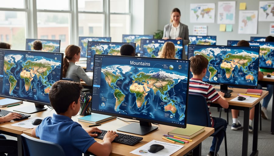 Child's finger tracing a river path on colorful world map