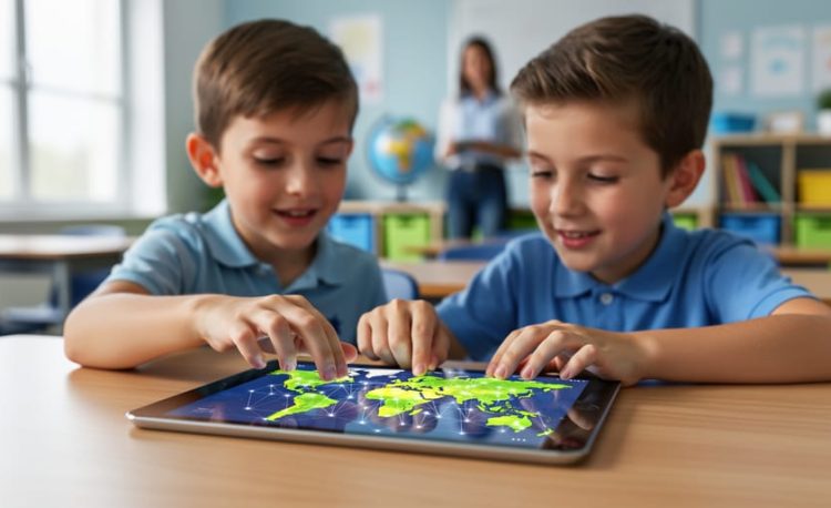 Two elementary students use a tablet showing a world map with glowing connection lines and nodes, while a teacher, globe, and classroom shelves are softly blurred in the background under natural daylight.