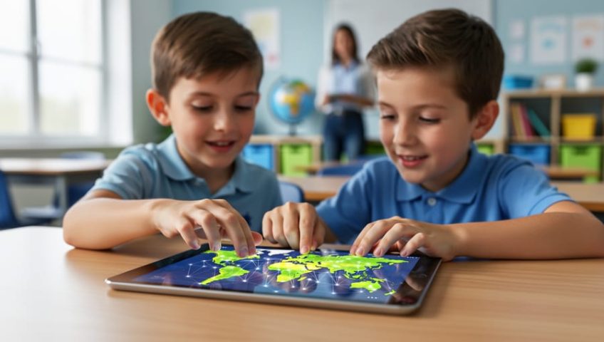 Two elementary students use a tablet showing a world map with glowing connection lines and nodes, while a teacher, globe, and classroom shelves are softly blurred in the background under natural daylight.