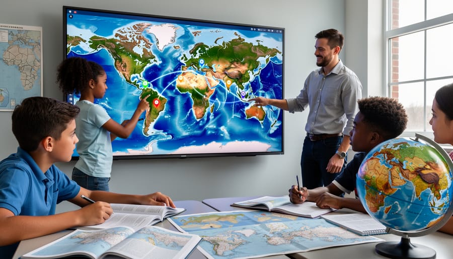 Elementary students exploring an interactive world map together in classroom