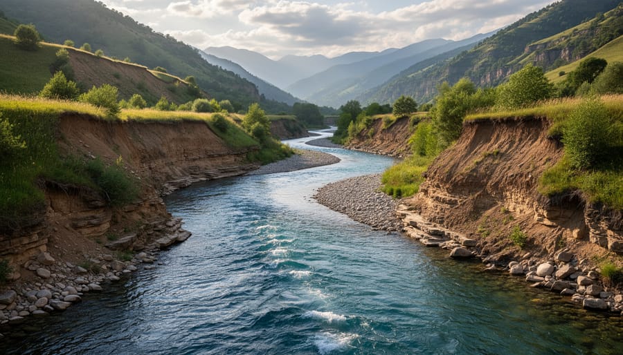 Clear river flowing over rocks with forested banks in the background