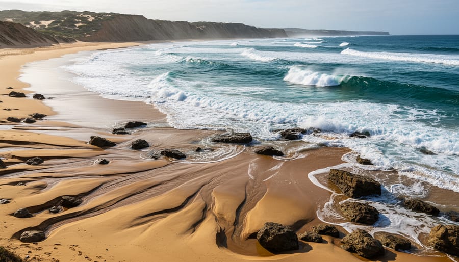 Ocean waves rolling toward a sandy shoreline under a cloudy sky