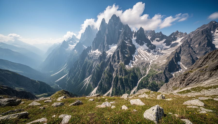 Snow-capped mountain peaks in golden-hour sunlight
