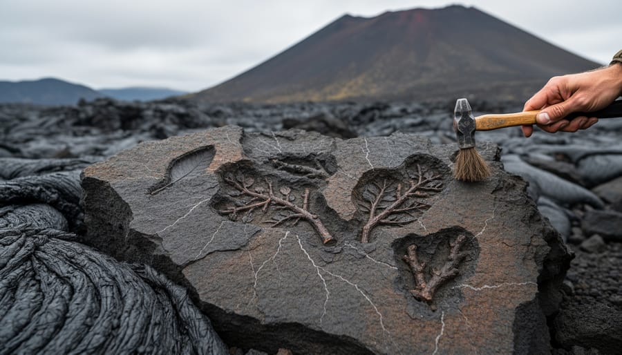 Fossilized shell impression embedded in dark volcanic rock