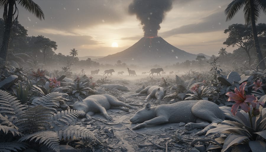 Volcanic ash covering rocks and leaves on the ground beneath a cloudy sky