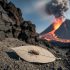 A fossilized leaf and insect preserved in volcanic ash near basalt rocks, with a distant erupting volcano plume in the background.