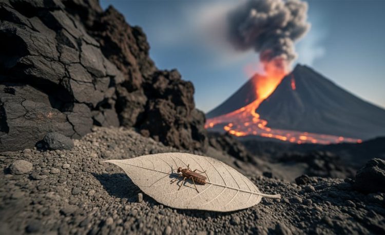 A fossilized leaf and insect preserved in volcanic ash near basalt rocks, with a distant erupting volcano plume in the background.