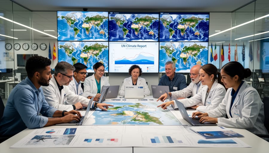 Climate scientists collaborating in a research room near a globe with no readable text