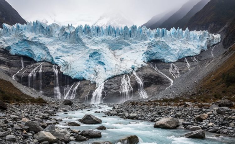 Meltwater streams flowing from a Himalayan glacier into a rocky river valley, illustrating glacier melting and flood risk.