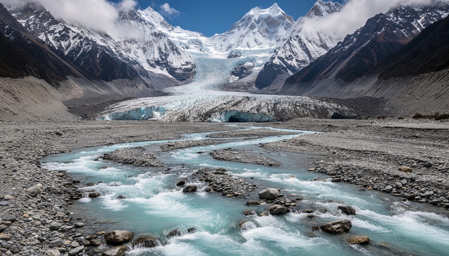 Glacier face in the Himalayas with meltwater flowing into a rocky river valley