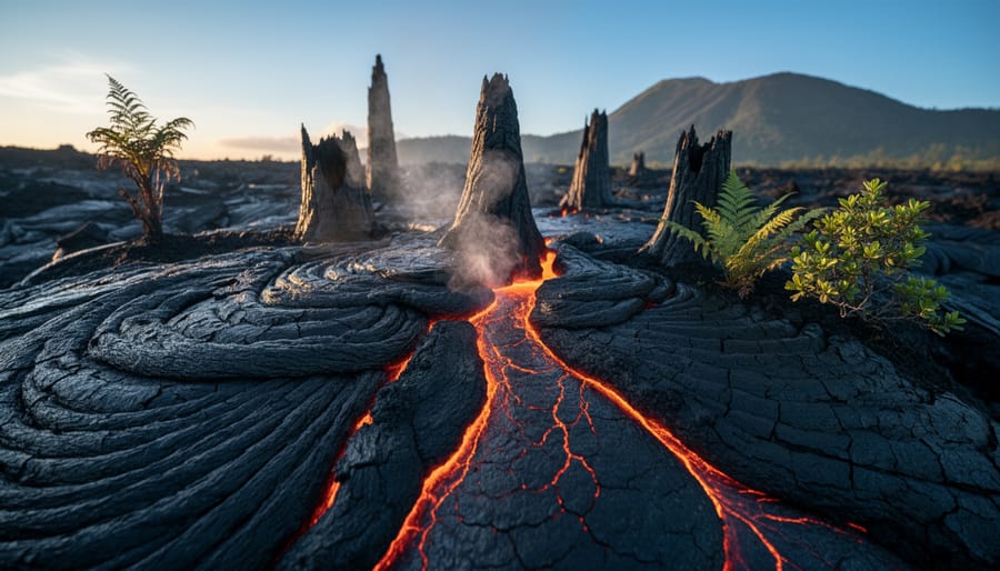 Glowing lava flowing over charred vegetation on dark volcanic ground at night.