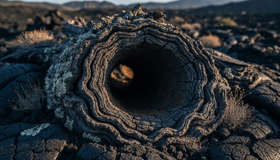 Close view of a hollow tree-trunk mold impression in hardened lava rock.