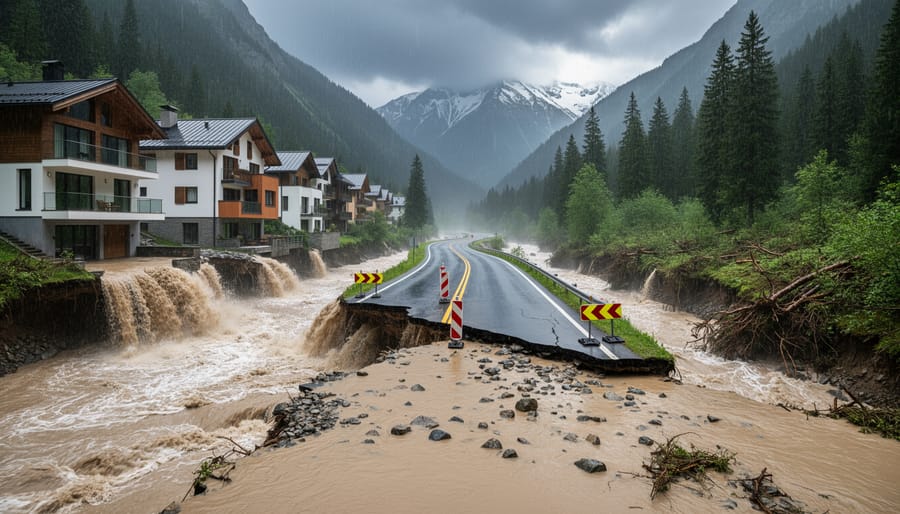 Muddy floodwater overflowing in a mountainous area near small buildings