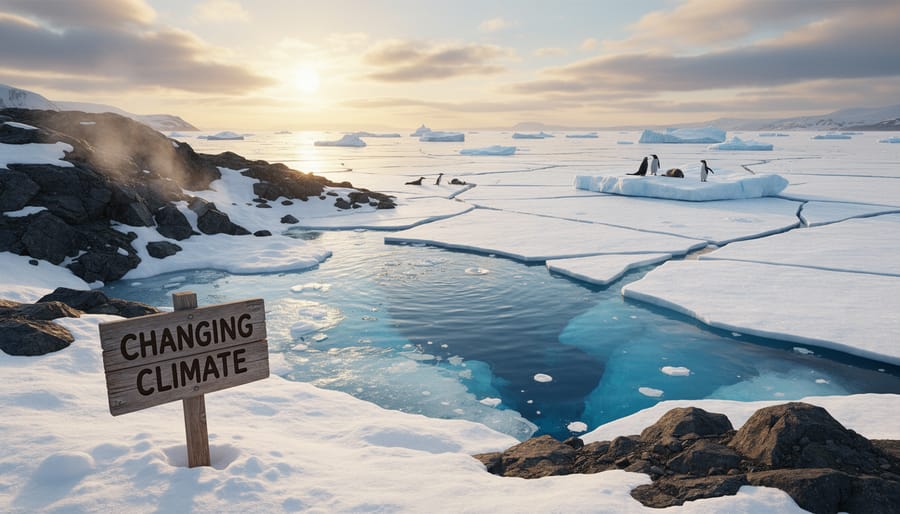 Floating ice floe with cracked ice and meltwater streams flowing toward open water in a polar landscape