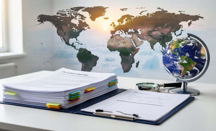 Climate briefing folders and a globe on a desk, photographed in soft light to suggest UN climate reporting and Earth’s changing climate.