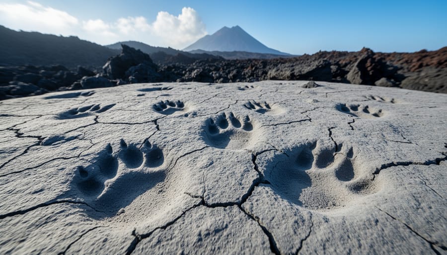Overhead view of hardened volcanic ash showing preserved footprint indentations.