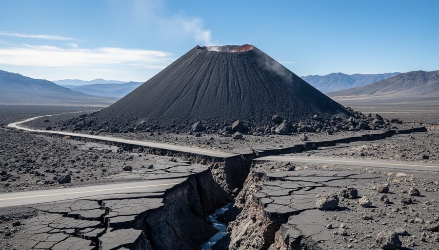 Wide view of a basaltic cinder cone with black lava rocks and a barren rocky landscape in the distance.
