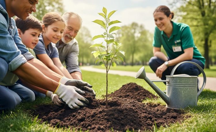 People of different ages planting a young tree in a park during Earth Day, with soil and a watering can nearby.