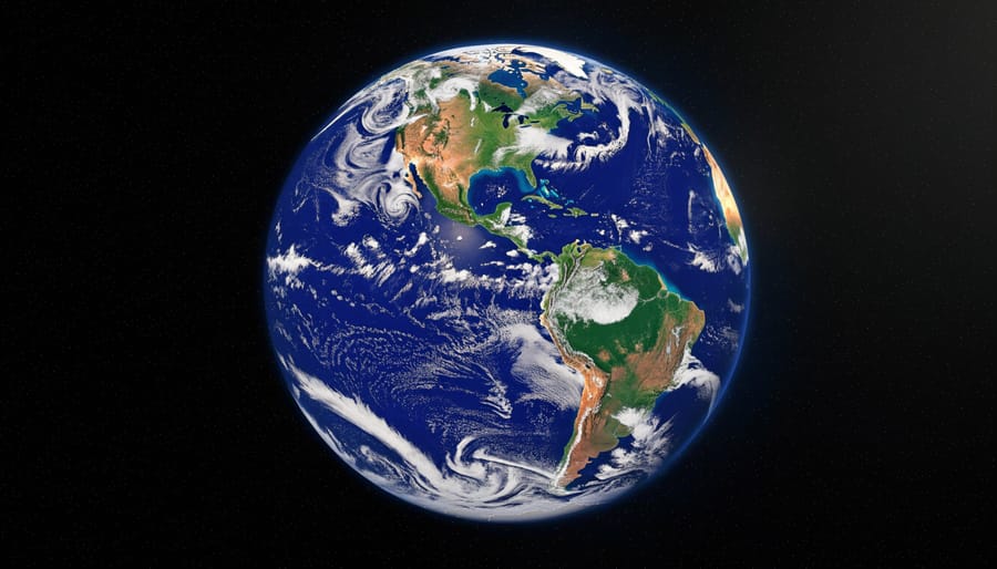 View of Earth from space showing blue atmosphere and swirling clouds