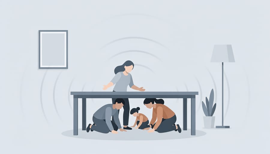 Adult and child crouching under a sturdy table during an earthquake safety practice