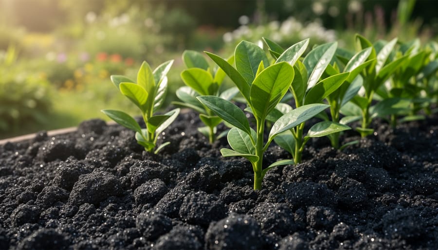 Close-up of fertile dark volcanic soil with small rocks and green seedlings emerging