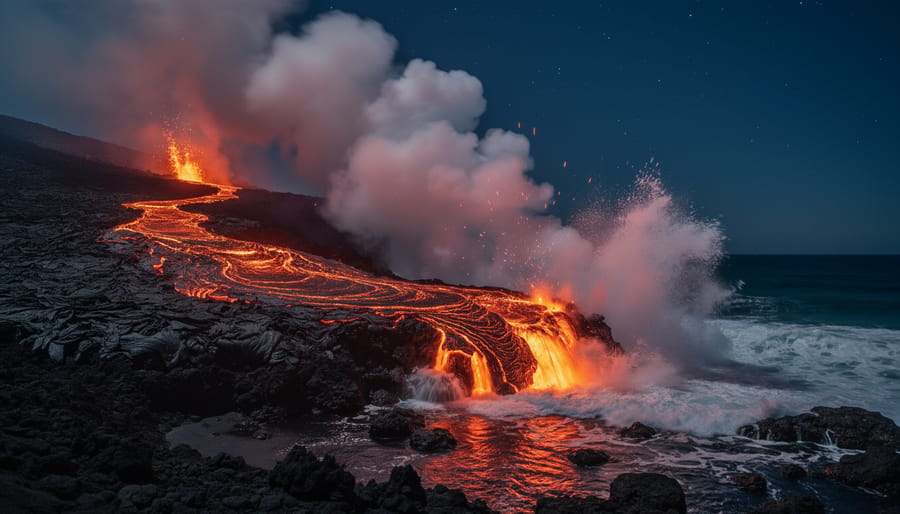 A volcano in Hawaii with glowing lava flowing into the ocean near a black sand beach at dusk