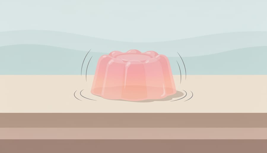 Child holding a glass bowl of jelly that wobbles as if something vibrated underneath