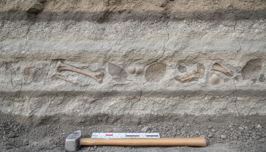 Close-up of layered volcanic ash and sediment strata in an exposed rock outcrop.