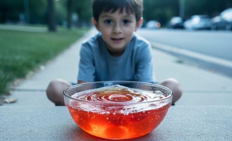 A child holds a clear bowl of jelly that wobbles as if the ground beneath it is vibrating.