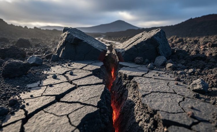 Ground-level view of an active Earth transform fault with offset rock blocks and a narrow hot fissure across rugged volcanic terrain under dramatic daylight.