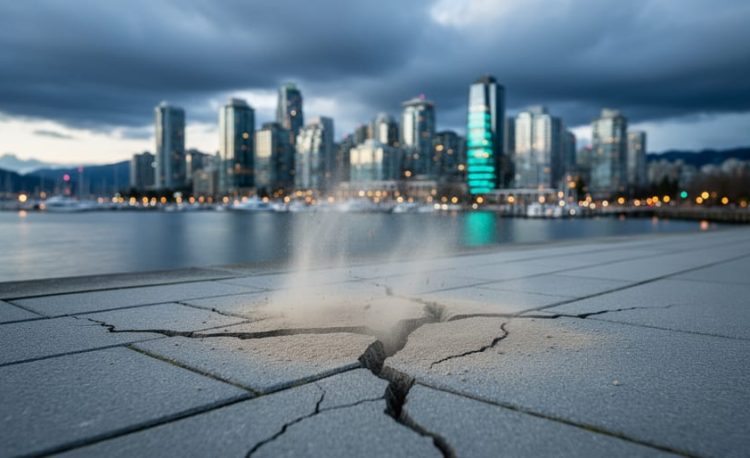 “Vancouver skyline at dusk with subtle ground cracking and faint dust at the waterfront promenade, suggesting seismic shaking.”