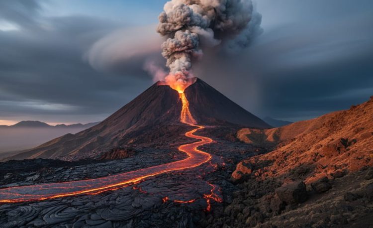 “A low-angle view of a smoking volcano with glowing lava at its base and ash drifting into the sky over a rocky landscape.”