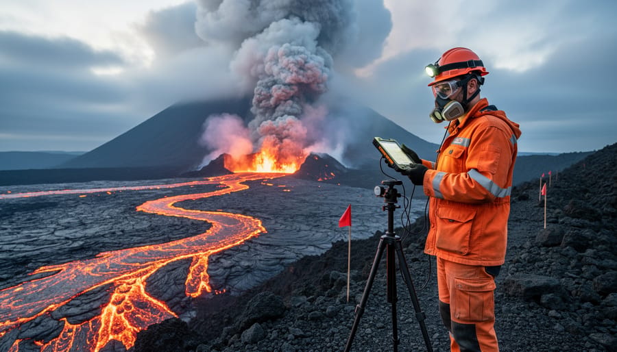 A scientist in protective gear observing an active volcano with a rising ash plume in the background